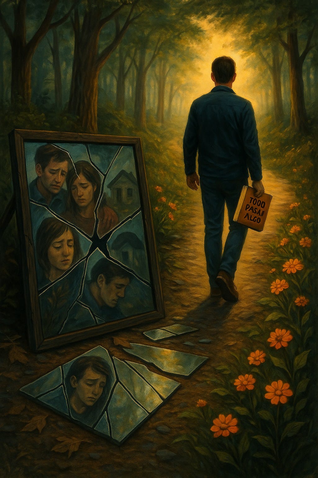 Ilustración de un hombre caminando por un sendero de bosque, con un libro en la mano. A su lado hay un espejo roto donde salen personas con miradas tristes y cabizbajas 