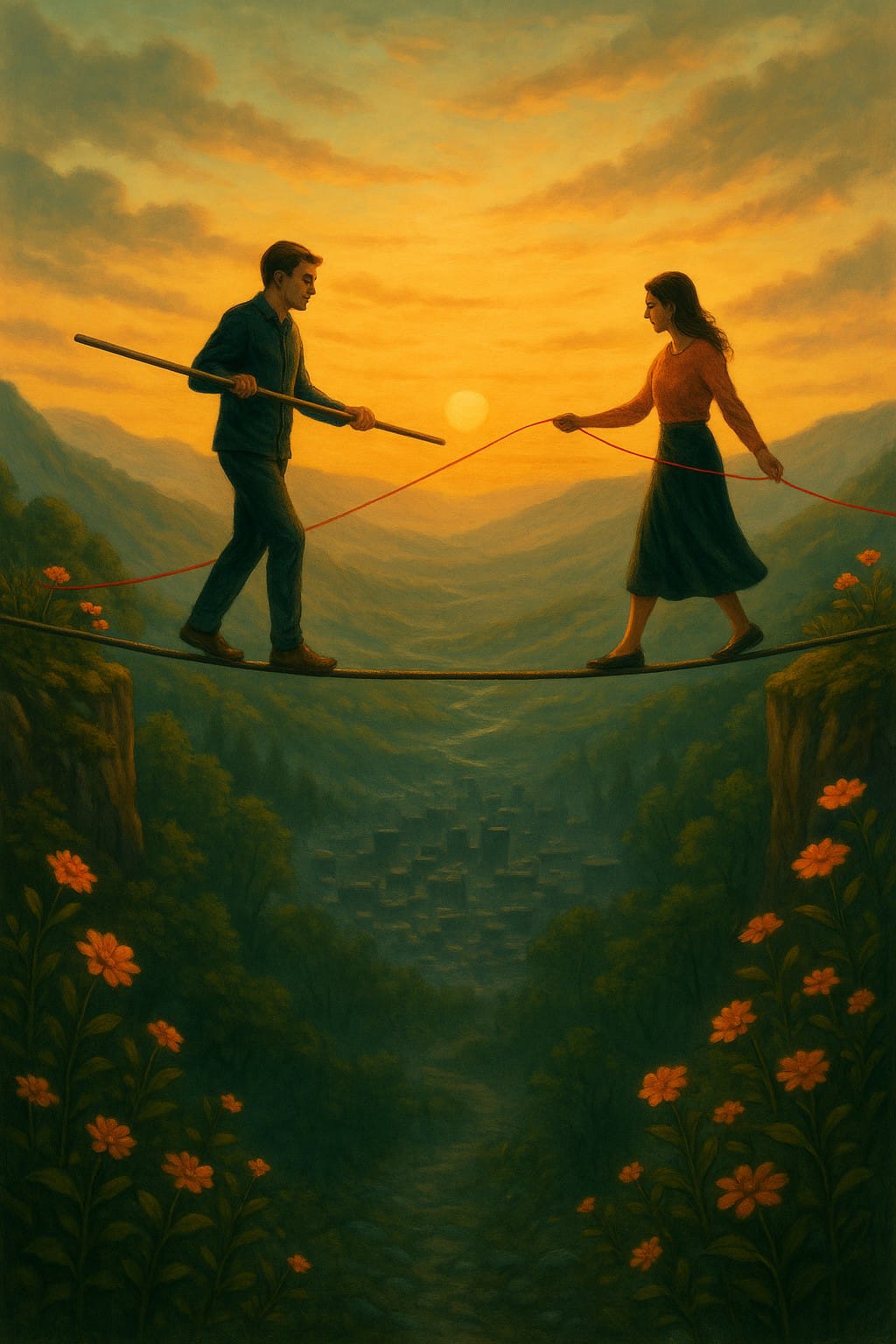 Una mujer y un hombre caminando sobre una cuerda, el hombre sostiene un palo y la mujer un hilo rojo