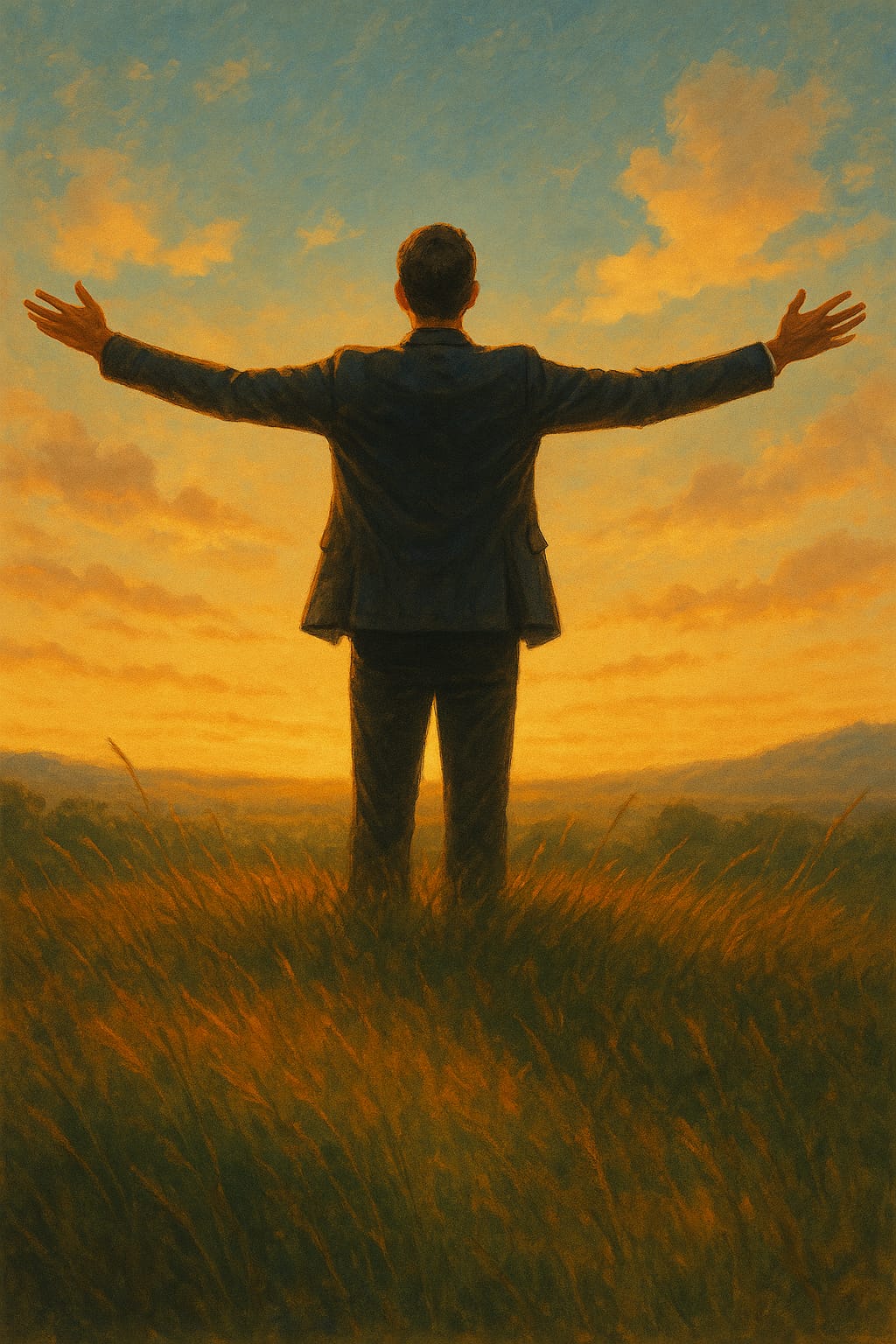 Ilustración de un hombre de espaldas con los brazos abiertos en un campo