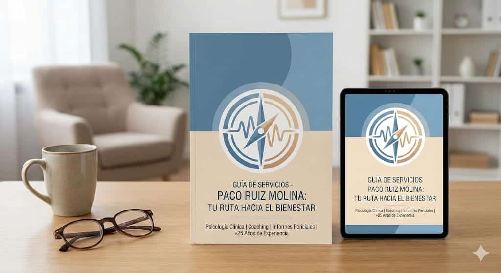 Una mesa de madera sobre la que hay una taza y unas gafas de ver a la izquierda, a la derecha vemos un cartel y una tablet con la misma imagen del cartel donde se lee: guia de servicios Paco Ruiz Molina 