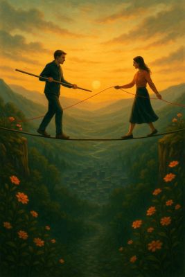 Una mujer y un hombre caminando sobre una cuerda, el hombre sostiene un palo y la mujer un hilo rojo