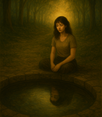 Una mujer en el camino de un bosque mirando hacia abajo con cara triste hacia el reflejo de un charco