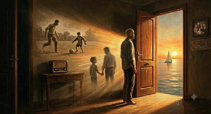 Imagen de un hombre mirando hacia una puerta abierta mientras recuerda momentos con su padre