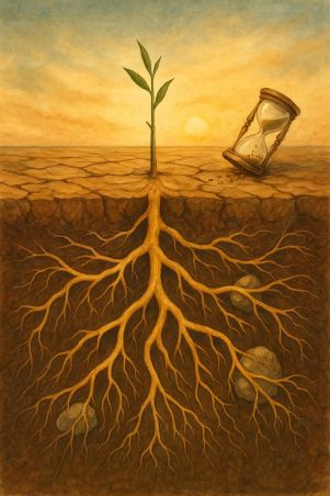 Ilustración de una planta con raíces profundas en una tierra muy seca, hay un reloj de arena justo al lado de la planta