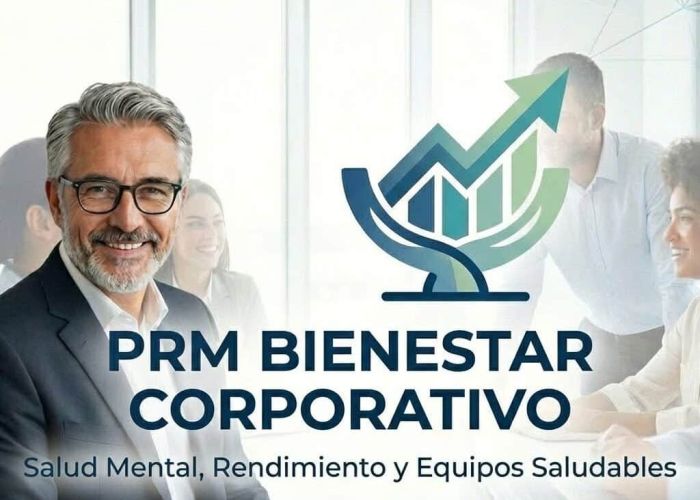 Imagen con un fondo de personas hablando entre ellas y una de ellas mirando a cámara, se lee en la imagen Prm Bienestar corporativo y la frase "salud mental, rendimiento y equipos saludables"