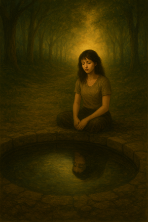 Una mujer en el camino de un bosque mirando hacia abajo con cara triste hacia el reflejo de un charco